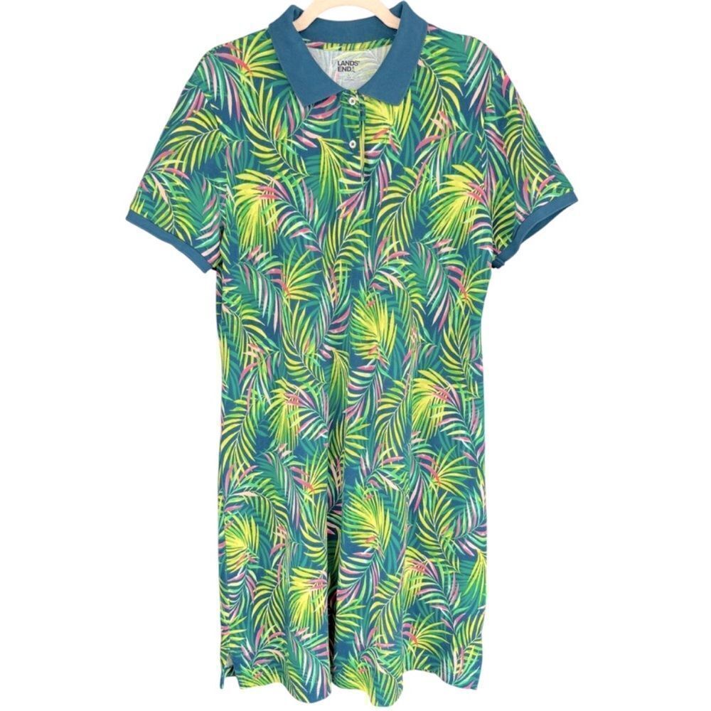 Lands' End Palm Print Polo Dress Casual Short Sleeve Green Tropical vacation L